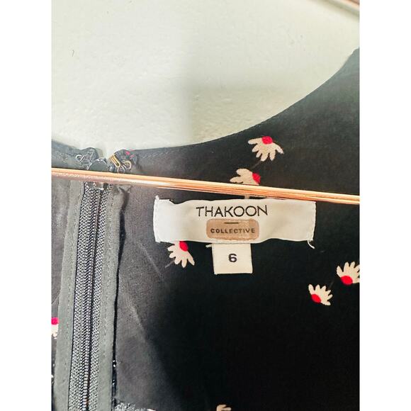 THAKOON COLLECTIVE Black Floral Ruched V-Neck Front Mini Dress Size 6 - Picture 8 of 12